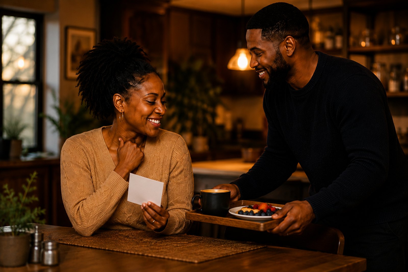 A man sets down a tray of coffee and fruit for his wife at a
             kitchen table; she holds a handwritten note and smiles.