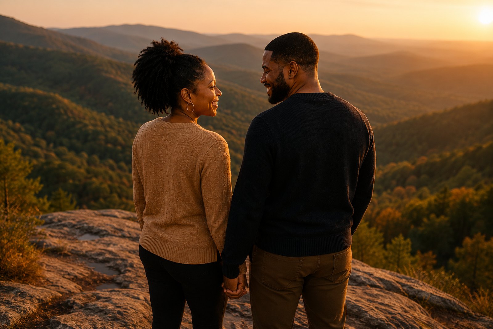A couple stand hand in hand on a rocky overlook at sunset, turning
             to smile at each other above forested ridges.