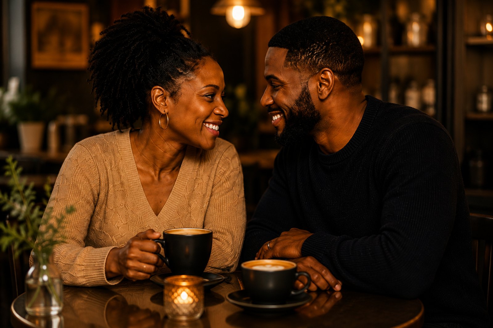 A couple lean toward each other across a small cafe table, two cups
             of coffee and a tealight between them.