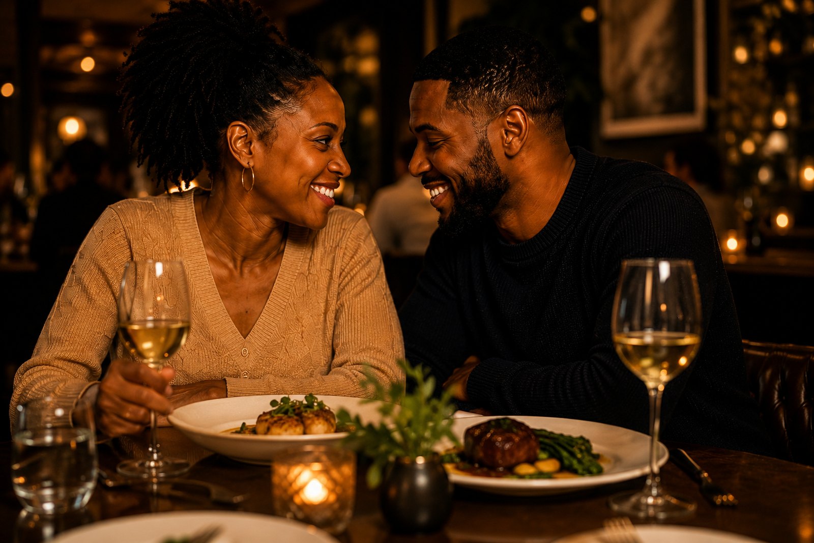 A couple sit across a candlelit restaurant table, smiling at each
             other over plated food and glasses of white wine.