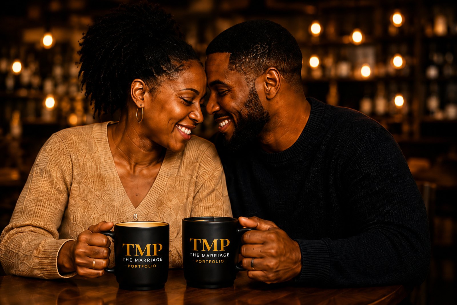 A married couple lean in until their foreheads touch, both smiling, each holding a black TMP mug across a wooden table in a warmly lit room.